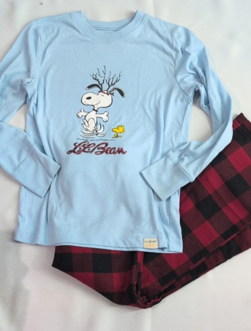 L.L. Bean Light Blue Snoopy & Woodstock Pajama Set with Red Plaid Pants